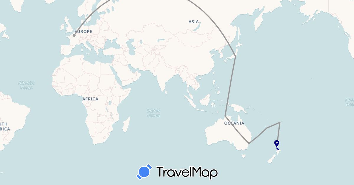 TravelMap itinerary: driving, plane in Australia, Fiji, France, Japan, New Caledonia, New Zealand (Asia, Europe, Oceania)